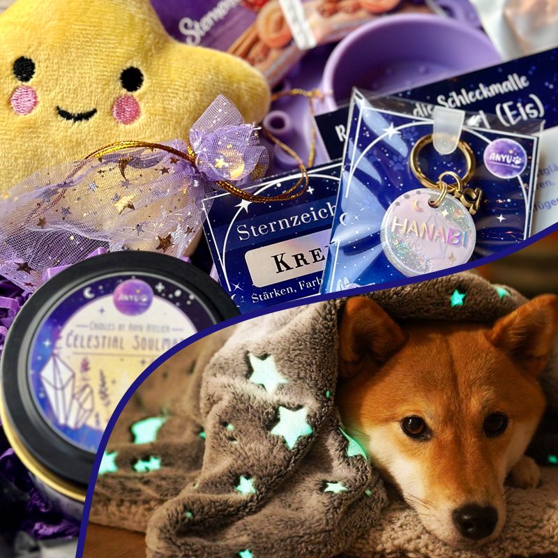 A picture of <p>Die limitierte Sternenbox in der SPECIAL EDITION mit der Hundemarke in 28mm aus der Celestial Paws Kollektion vereint Astrologie, Design und betont die besondere Verbindung von dir und deiner Fellnase über Sternzeichen, Farben und Edelsteine.</p><p>Jede Farbe steht für ein Sternzeichen und ist in Pastellfarben mit irisierenden Highlights gestaltet – inspiriert vom Zauber des Astrallichts und des Sternenhimmels.</p>Inhalt:<ul style="list-style:inside"><li>Hundemarke mit Sternzeichen</li><li>Kristall-Duftkerze mit Sternzeichen & echten Edelsteinen, Lavendel- und Honigduft</li><li>Sternzeichenkarten mit Infos & Aufgabe zur Erkundung des Sternenhimmels</li><li>Schleckmatte in Sternenform inkl. laminiertem Rezept & Magnet</li><li>Plüschi in Sternenform mit Quietschi</li><li>Veganes Hunde-Leckerli „Fruchtsternchen“</li><li>Tee & Süßes für den Menschen</li><li>Special Edition mit „Glow in the dark“-Hundedecke</li></ul>